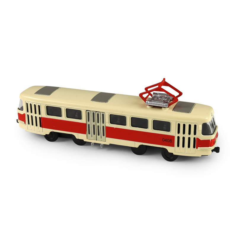 Kovová česká retro tramvaj červená 16 cm-otevírací dveře